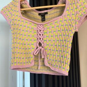 Forever 21 Pink and Yellow Lace-Up Blouse